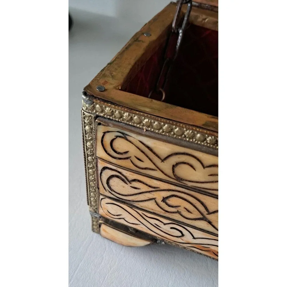 Antique Moroccan Camel Bone with Brass & Copper Inlay Dowry Chest